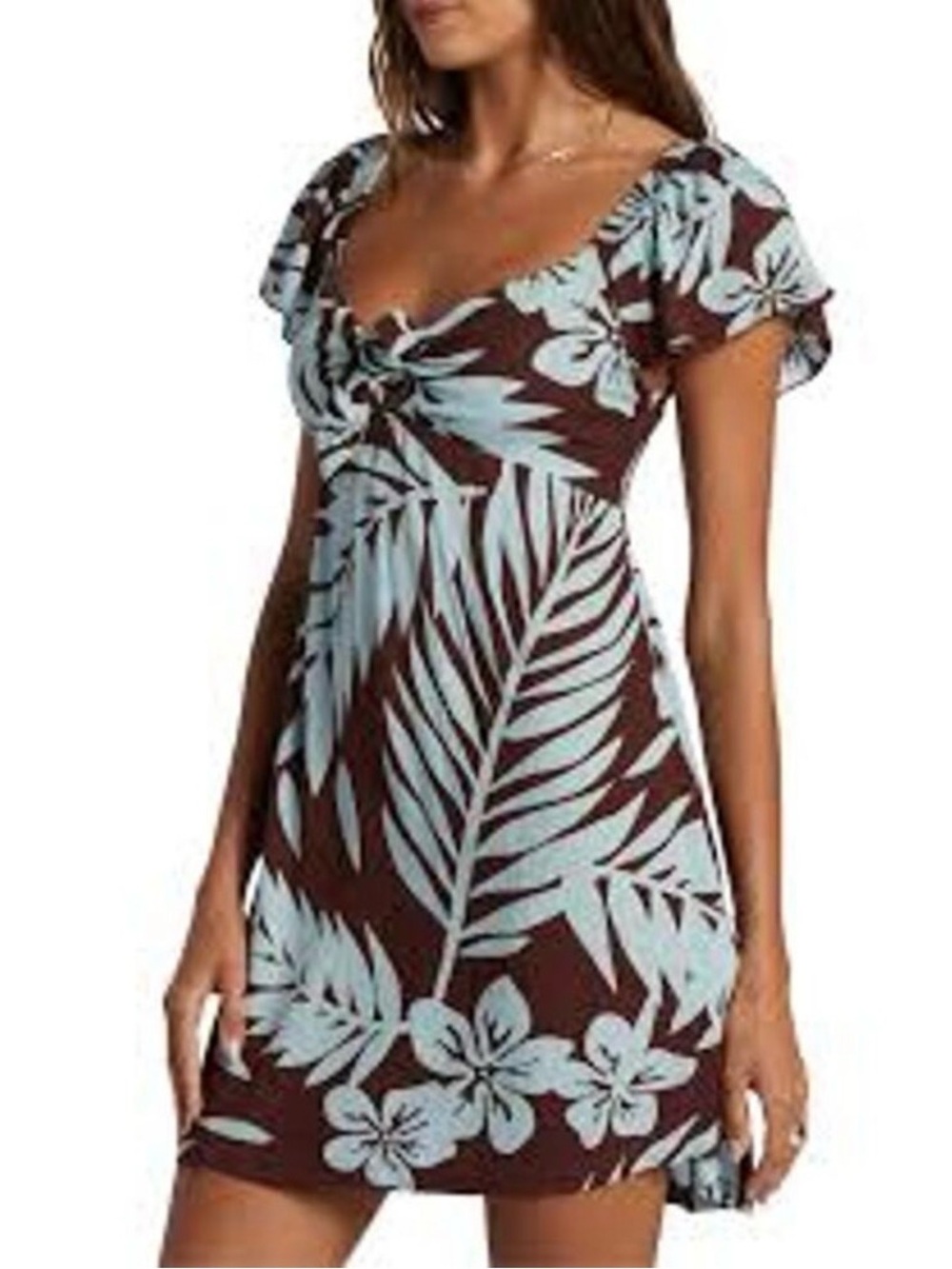 Roxy Brown & Light Blue Tropical Knot-Front Mini Dress